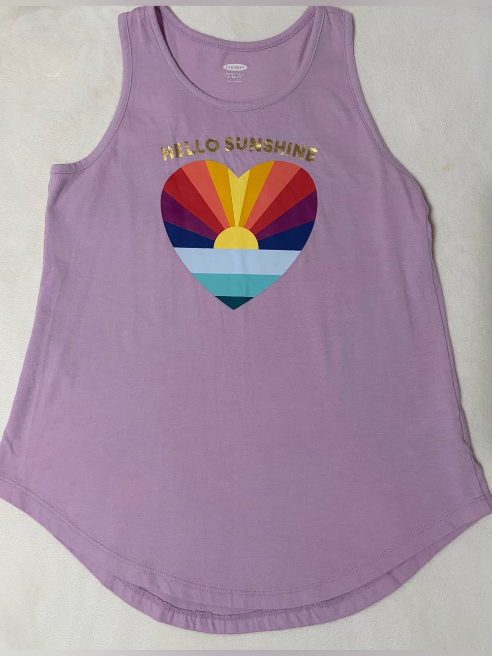 Old Navy Lavender Tank with Rainbow Heart and Gold 'Hello Sunshine'